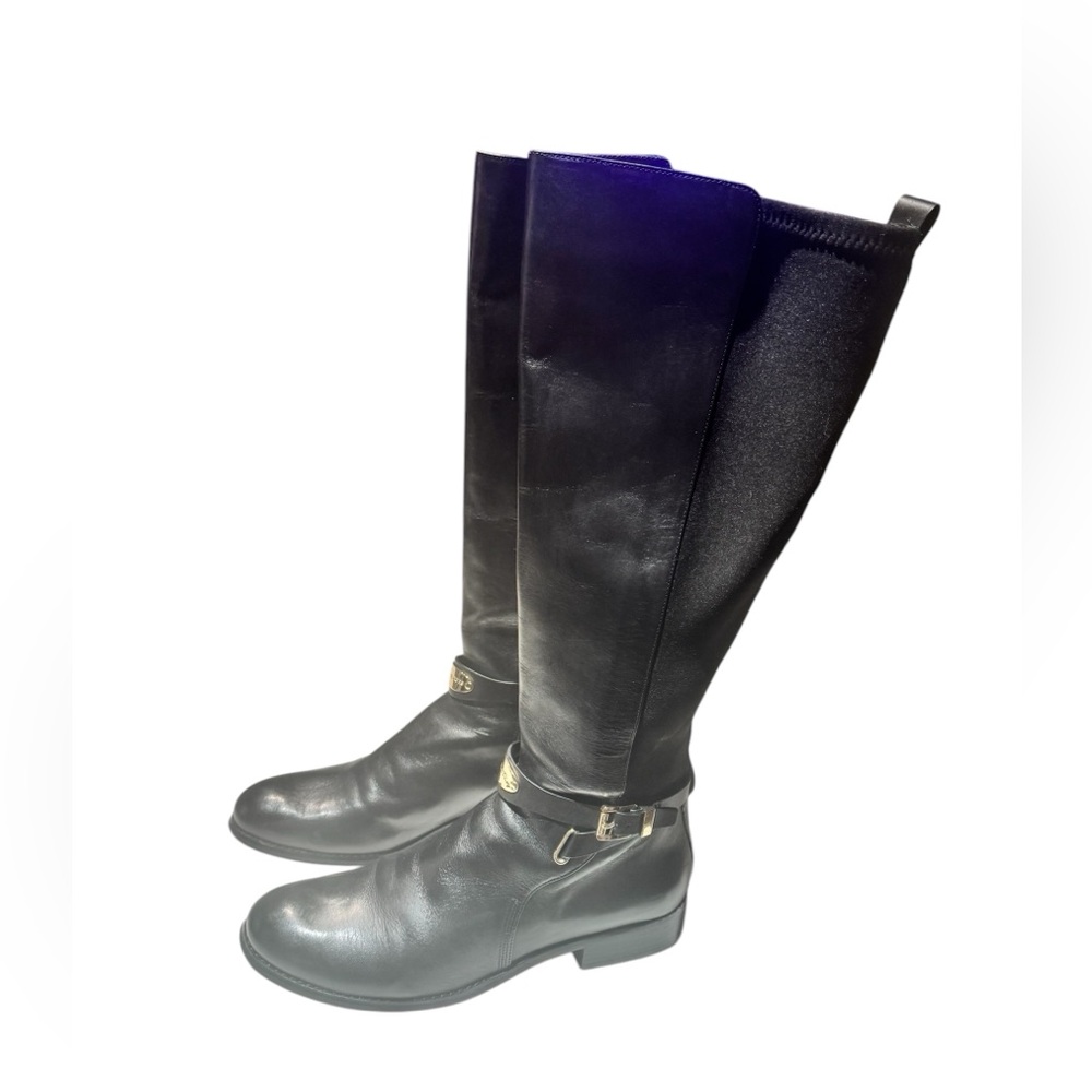 Michael Kors Black Leather Elastic Back Arley Knee-High Boots - Picture 9 of 16